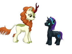 Size: 1600x1200 | Tagged: safe, artist:vasillium, autumn blaze, oc, oc:nyx, alicorn, kirin, pony, g4, accessory, alicorn oc, cutie mark, ears up, eyelashes, female, filly, headband, horn, looking at each other, mare, moon, nostrils, poker face, shield, simple background, staring contest, transparent background, wings