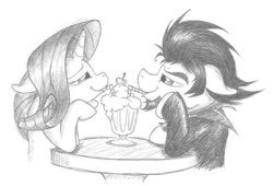 Size: 1024x695 | Tagged: safe, artist:smashedatoms, rarity, oc, oc:sketchy, earth pony, pony, unicorn, g4, canon x oc, clothes, commission, drinking, female, horn, jacket, leather jacket, looking at each other, male, mare, milkshake, monochrome, simple background, stallion, table, traditional art, white background