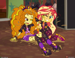 Size: 4000x3090 | Tagged: safe, artist:dieart77, adagio dazzle, sunset shimmer, equestria girls, g4, catfight, clothes, commission, digital art, dirty, fight, high heels, mud, mud wrestling, muddy, open mouth, pants, patreon, patreon logo, shoes, show accurate, wet and messy