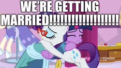 Size: 1280x720 | Tagged: safe, edit, edited screencap, screencap, rarity, twilight sparkle, alicorn, pony, unicorn, a-dressing memories, g4, spoiler:a-dressing memories, spoiler:mlp friendship is forever, caption, excessive exclamation marks, female, hug, image macro, implied marriage, lesbian, marriage, ship:rarilight, shipping, text, twilight sparkle (alicorn)