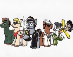 Size: 960x746 | Tagged: safe, artist:sketchywolf-13, oc, oc only, oc:sketchy, alicorn, earth pony, pegasus, pony, alicorn oc, clothes, cutie mark, group, hat, horn, jacket, knife, leather jacket, looking at you, male, simple background, smiling, stallion, traditional art, white background, wings