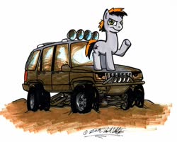 Size: 1024x824 | Tagged: safe, artist:sketchywolf-13, oc, oc only, earth pony, pony, commission, cutie mark, jeep, jeep grand cherokee, male, mud, simple background, solo, stallion, suv, traditional art, vehicle, white background