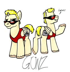 Size: 1024x1055 | Tagged: safe, artist:sketchywolf-13, oc, oc only, oc:gunz, alicorn, pony, alicorn oc, broken horn, butt, clothes, cutie mark, horn, looking at you, male, plot, simple background, solo, stallion, sunglasses, tail, traditional art, white background, wings