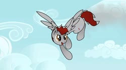Size: 2048x1149 | Tagged: safe, artist:thejtrain, oc, oc only, oc:crimson boost, pegasus, pony, cloud, flying, sky, trail, wings