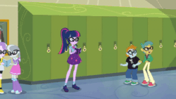 Size: 1200x676 | Tagged: safe, screencap, diamond tiara, sci-twi, silver spoon, snails, snips, twilight sparkle, best trends forever, best trends forever: twilight sparkle, equestria girls, g4, my little pony equestria girls: better together, animated, book, boots, choose twilight sparkle, clothes, gif, glasses, jacket, jeans, jewelry, necklace, pants, shirt, shoes, skirt