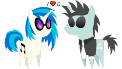 Size: 3400x1928 | Tagged: safe, artist:diigii-doll, artist:kacu95, edit, dj pon-3, neon lights, rising star, vinyl scratch, pony, unicorn, g4, chibi, clothes, cutie mark, female, glasses, heart, hooves, horn, male, mare, music notes, necktie, pointy ponies, ship:vinylights, shipping, shirt, simple background, smiling, straight, sunglasses, transparent background, vector