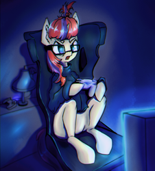 Size: 1000x1108 | Tagged: safe, artist:mistleinn, moondancer, pony, unicorn, g4, clothes, controller, female, glasses, playstation 4, sitting, solo, sweater