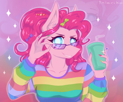 Size: 2842x2371 | Tagged: safe, artist:taleriko, pinkie pie, anthro, rcf community, g4, clothes, drink, drinking straw, female, glasses, high res, long nails, nail polish, nails, smiling, solo, white pupils, zoom layer