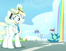 Size: 776x601 | Tagged: safe, screencap, sky stinger, vapor trail, pegasus, pony, g4, top bolt, bright, butt, concerned, crash landing, cringing, cropped, falling, female, goggles, literal butthurt, male, mare, ouch, out of context, pain, plot, raised hoof, runway, stallion, this is going to hurt, this will end in pain, this will end in tears