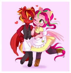 Size: 800x828 | Tagged: safe, artist:ipun, oc, oc only, oc:fire strike, oc:precious metal, pegasus, anthro, arm hooves, chibi, clothes, deviantart watermark, female, friendship cafe, maid, mare, obtrusive watermark, one eye closed, vest, waitress, watermark, wink