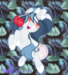 Size: 900x1000 | Tagged: safe, artist:dewysartpage, artist:snowshy16, oc, oc only, pony, unicorn, base used, commission, female, flower, flower in hair, leaf, mare, smiling, solo