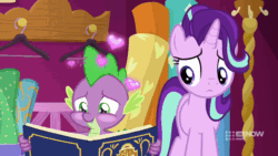 Size: 640x360 | Tagged: safe, screencap, spike, starlight glimmer, dragon, pony, unicorn, a-dressing memories, g4, spoiler:a-dressing memories, spoiler:mlp friendship is forever, 9now, amused, animated, blushing, claws, cute, duo, embarrassed, fantasizing, female, gif, heart, holding, holding head, implied rarity, implied shipping, implied straight, knowing, lidded eyes, looking at each other, male, mare, nine network, raised eyebrow, realization, shipping fuel, smiling, smirk, spikabetes, sweat, winged spike, wings, worried