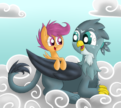 Size: 1800x1600 | Tagged: safe, artist:yourfavoritelove, gabby, scootaloo, g4, cloud, cute, cutealoo, duo, gabbybetes, happy, scootalove