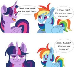 Size: 2334x2128 | Tagged: safe, artist:taaffeiite, derpibooru exclusive, rainbow dash, twilight sparkle, alicorn, pegasus, pony, g4, bronybait, dialogue, duo, eye clipping through hair, female, fourth wall, high res, implied fluttershy, looking at you, mare, open mouth, redraw, simple background, smuglight sparkle, speech bubble, transparent background, twilight sparkle (alicorn)