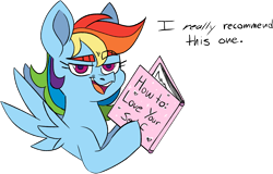 Size: 1577x1008 | Tagged: safe, artist:taaffeiite, derpibooru exclusive, rainbow dash, pegasus, pony, g4, book, bust, dialogue, egghead, egghead dash, female, looking at you, mare, narcissism, open mouth, simple background, solo, transparent background