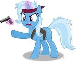 Size: 3057x2507 | Tagged: safe, artist:anime-equestria, trixie, pony, g4, angry, bandana, belt, gun, handgun, high res, holster, levitation, magic, messy mane, pistol, pouch, simple background, solo, telekinesis, transparent background, vector, weapon