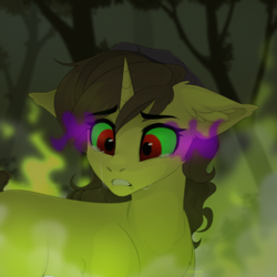 Size: 2000x2000 | Tagged: safe, artist:sinner_png, oc, oc only, oc:astral flare, pony, unicorn, corrupted, crying, dark magic, fog, forest, high res, magic, sad, sombra eyes, tree