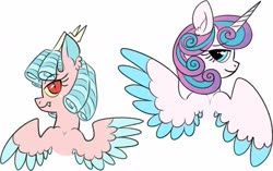 Size: 1280x806 | Tagged: safe, artist:northernlightsone, cozy glow, princess flurry heart, alicorn, draconequus, hybrid, pony, g4, alternate universe, colored wings, colored wingtips, context in source, cozykonequus, draconequified, duo, horns, interspecies offspring, looking at you, looking back, looking back at you, offspring, parent:discord, parent:twilight sparkle, parents:discolight, slit pupils, snaggletooth, species swap, time travel