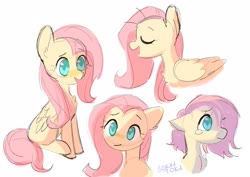 Size: 2072x1468 | Tagged: safe, artist:ashtodusk, fluttershy, pegasus, pony, g4, bust, chest fluff, cute, doodle, ear fluff, eyes closed, female, folded wings, mare, no pupils, open mouth, portrait, profile, shyabetes, simple background, sitting, solo, white background, wings