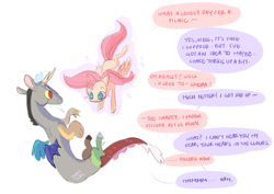 Size: 2072x1468 | Tagged: safe, artist:ashtodusk, discord, fluttershy, draconequus, pegasus, pony, g4, dialogue, duo, female, gravity, mare, no pupils, open mouth, simple background, speech bubble, spread wings, white background, wings, zero gravity