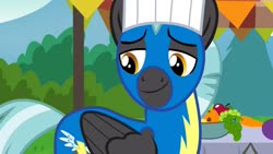 Size: 1280x720 | Tagged: safe, screencap, thunderlane, pegasus, pony, g4, marks and recreation, chef's hat, clothes, folded wings, hat, male, solo, stallion, uniform, wings, wonderbolts, wonderbolts uniform