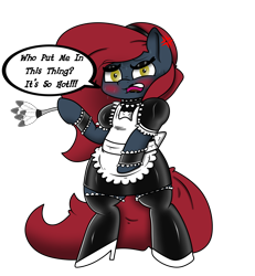 Size: 3840x4154 | Tagged: safe, artist:damlanil, oc, oc only, oc:jessi-ka, earth pony, pony, bipedal, blushing, boots, clothes, confused, cross-popping veins, dress, duster, female, high heels, latex, lipstick, maid, rubber, shoes, simple background, solo, sweat, sweatdrops, transparent background