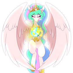 Size: 4000x4000 | Tagged: safe, artist:tatemil, princess celestia, alicorn, pony, g4, ear fluff, earth, eyes closed, female, giantlestia, glowing horn, horn, macro, magic, mare, pony bigger than a planet, simple background, solo, spread wings, wings