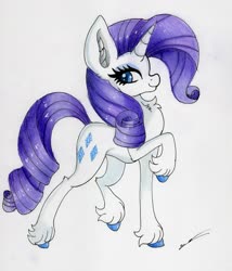 Size: 2445x2861 | Tagged: safe, artist:luxiwind, rarity, pony, unicorn, g4, female, high res, looking at you, raised hoof, simple background, solo, traditional art, unshorn fetlocks