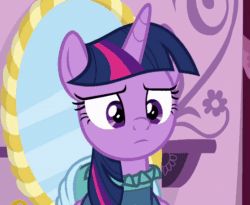 Size: 548x450 | Tagged: safe, edit, screencap, twilight sparkle, alicorn, pony, a-dressing memories, g4, my little pony: friendship is forever, animated, carousel boutique, clothes, confused, cropped, dress, fashion, female, gif, mare, mirror, solo, twilight sparkle (alicorn), what am i even looking at