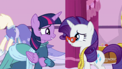 Size: 800x450 | Tagged: safe, screencap, rarity, twilight sparkle, alicorn, pony, unicorn, a-dressing memories, g4, my little pony: friendship is forever, animated, carousel boutique, clothes, coronation dress, dress, duo, eyes closed, fashion, female, gif, glasses, glasses rarity, hug, mannequin, measuring tape, smiling, twilight sparkle (alicorn), wings