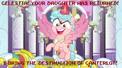 Size: 1280x720 | Tagged: safe, edit, edited screencap, screencap, cozy glow, alicorn, pony, g4, the ending of the end, alicornified, canterlot castle, cozy glow is best facemaker, cozycorn, female, filly, god of war, god of war ii, god of war iii, implied momlestia, kratos, looking at you, parent:princess celestia, race swap, royal guard, spread wings, throne room, wings