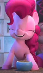 Size: 388x655 | Tagged: safe, screencap, pinkie pie, earth pony, pony, g4, hello pinkie pie, bowl, cropped, cute, diapinkes, eyes closed, female, laughing, solo, table, walnut