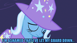 Size: 1280x720 | Tagged: safe, edit, edited screencap, screencap, trixie, pony, unicorn, g4, magic duel, cape, caption, clothes, eyes closed, female, hat, image macro, mare, meme, solo, text, trixie's cape, trixie's hat