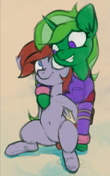 Size: 717x1151 | Tagged: safe, artist:marsminer, oc, oc only, oc:lime dream, pegasus, pony, unicorn, fallout equestria, adopted daughter, clothes, female, filly, happy, looking at each other, sparkle cola suit, suit