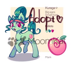 Size: 2147x1854 | Tagged: safe, artist:moomkat, oc, pony, unicorn, adoptable, big ears, commission, cutie, food, green, lush, peach, ponytail, reference sheet, sale