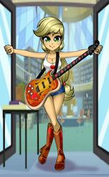 Size: 800x1300 | Tagged: safe, artist:nekojackun, applejack, equestria girls, g4, adorasexy, armpits, bare shoulders, bass guitar, boots, breasts, busty applejack, canterlot high, cleavage, clothes, commission, cowboy boots, cowgirl, crossed legs, curvy, cute, daisy dukes, denim shorts, female, freckles, green eyes, guitar, hatless, jackabetes, library, lidded eyes, looking at you, missing accessory, musical instrument, sexy, shoes, shorts, sleeveless, smiling, solo, tank top, tomboy, wavy mouth
