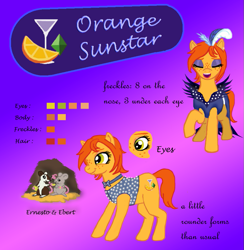 Size: 883x905 | Tagged: safe, artist:fermin-tenava, oc, oc:orange sunstar, earth pony, pony, earth pony oc, food, nightclub, orange, pansexual, reference sheet, singing