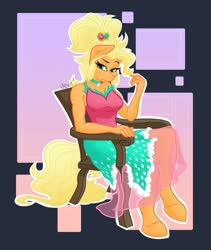 Size: 1280x1516 | Tagged: safe, artist:cadetredshirt, applejack, earth pony, anthro, unguligrade anthro, g4, applejewel, chair, clothes, digital art, dress, female, gradient background, looking at you, mare, missing accessory, simple background, sitting, solo