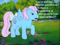 Size: 935x701 | Tagged: safe, edit, edited screencap, editor:korora, screencap, wind whistler, g1, mish mash melee, my little pony 'n friends, bow, fluorine perchlorate, sesquipedalian loquaciousness, tail bow, talking, this will end in explosions, tree
