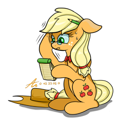 Size: 1080x1080 | Tagged: safe, artist:truffle shine, applejack, earth pony, pony, g4, accounting, applejack's hat, cowboy hat, female, floppy ears, hat, hoof hold, mare, notepad, pencil, simple background, sitting, solo, sweat, transparent background
