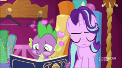 Size: 800x450 | Tagged: safe, edit, edited screencap, screencap, rarity, spike, starlight glimmer, dragon, pony, unicorn, a-dressing memories, g4, my little pony: friendship is forever, animated, female, gif, jealous, male, self abuse, ship:sparlight, shipping, spikeabuse, straight