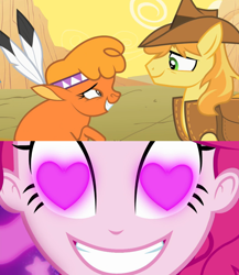 Size: 960x1104 | Tagged: safe, edit, edited screencap, screencap, braeburn, little strongheart, pinkie pie, bison, buffalo, earth pony, human, pony, coinky-dink world, equestria girls, g4, my little pony equestria girls: summertime shorts, over a barrel, female, heart eyes, husbando thief, male, meme, pinkie's eyes, ship:braeheart, shipping, stallion, straight, wingding eyes