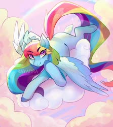 Size: 1024x1146 | Tagged: safe, artist:rayadra, rainbow dash, pegasus, pony, g4, cloud, colored hooves, colored pupils, cute, dashabetes, draw this in your style, eye clipping through hair, female, looking at you, mare, missing cutie mark, on a cloud, prone, sky, solo