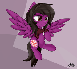 Size: 3000x2700 | Tagged: safe, artist:starmaster, pegasus, pony, abstract background, clothes, commission, flying, hair over one eye, high res, lidded eyes, male, nose piercing, pierce the veil, piercing, ponified, shirt, solo, spread wings, stallion, t-shirt, vic fuentes, wings, ych result