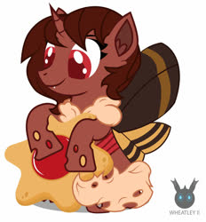 Size: 1045x1127 | Tagged: safe, artist:wheatley r.h., derpibooru exclusive, oc, oc only, oc:flechette, changeling, mothling, original species, changeling oc, cookie, female, fluffy tail, food, giant cookie, happy, holding, horn, mane, mare, red changeling, red eyes, simple background, solo, vector, watermark, white background