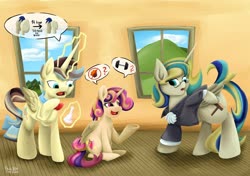 Size: 1920x1354 | Tagged: safe, artist:khaki-cap, oc, oc only, oc:king righteous authority, oc:princess young heart, oc:queen fresh care, alicorn, pony, advice, alicorn oc, bowtie, butt, castle, clothes, commissioner:bigonionbean, confusion, cute, cutie mark, dialogue, family, father and child, father and daughter, female, fusion, fusion:apple bloom, fusion:braeburn, fusion:carrot top, fusion:derpy hooves, fusion:dinky hooves, fusion:doctor whooves, fusion:golden harvest, fusion:mayor mare, fusion:minuette, fusion:prince blueblood, fusion:scootaloo, fusion:sweetie belle, fusion:time turner, fusion:wind waker, glasses, horn, house, husband and wife, implied weight gain, levitation, levitation spell, magic, male, mother and child, mother and daughter, plot, ponyville, potion, potions, royalty, suggestion, telekinesis, window, wings, writer:bigonionbean