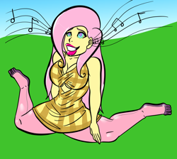 Size: 4724x4224 | Tagged: safe, artist:mccrazy, fluttershy, human, equestria girls, g4, big breasts, breasts, busty fluttershy, clothes, dress, drool, feet, female, grin, housewife, hypnotic music, latex, latex socks, lipstick, mind control, music notes, sitting, smiling, socks, solo, story included, swirly eyes, writer:feder