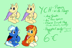 Size: 3217x2168 | Tagged: safe, artist:exobass, sunburst, oc, pegasus, pony, unicorn, g4, commission, flag, high res, pegasus oc, wings, ych example, your character here