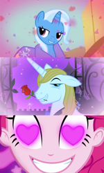 Size: 1200x1996 | Tagged: safe, edit, edited screencap, screencap, pinkie pie, prince blueblood, trixie, boast busters, coinky-dink world, eqg summertime shorts, equestria girls, g4, the best night ever, female, heart eyes, male, meme, pinkie's eyes, ship:bluetrix, shipping, shipping domino, straight, wingding eyes