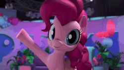 Size: 800x450 | Tagged: safe, screencap, gummy, pinkie pie, alligator, earth pony, pony, g4, hello pinkie pie, 3d, animated, catapult, chair, cupcake, drum kit, drums, food, food on face, furniture, gif, musical instrument, pinkie pie's diy life hacks, running, stage light, studio, suprise attack, surprised